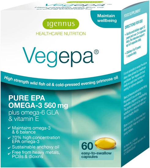 Vegepa Omega 3 Wild Fish Oil & Evening Primrose Oil Blend, 560 mg EPA Plus GLA, 60 Small Softgels...