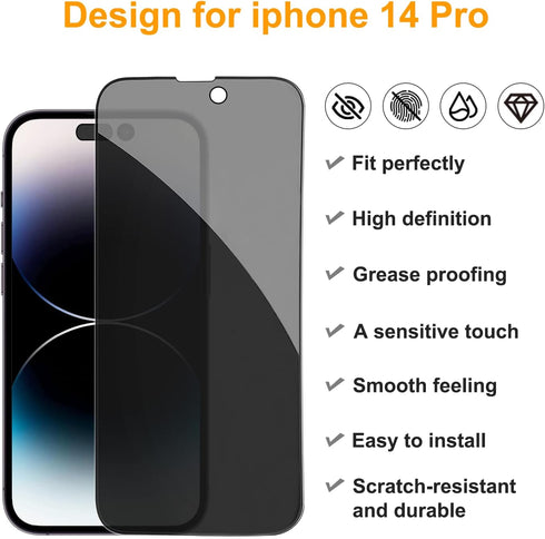 pehael [2+2 Pack iPhone 14 Pro Privacy Screen Protector with Camera Lens Protector Full Coverage Anti-Spy Tempered Glass Film 9H Hardness Upgrade ...