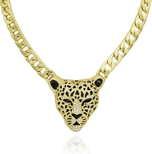 Chunky Cuban Chain Leopard Pendant Choker for Women Men,Animal Cheetah Iced Out Charm Necklace with 14K Gold Plated Link,Faux Diamond Bling Bold S...
