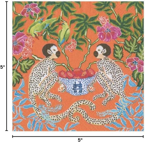 Caspari Monkeys Paper Cocktail Napkins in Orange - Two Packs of 20...