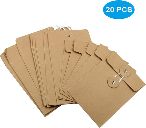20 Pcs String Tie Closure Kraft Paper Envelope, 14x10cm/5.51x3.94inch Vintage Brown Envelopes Square Small Envelopes for Photo Card Document Coin ...