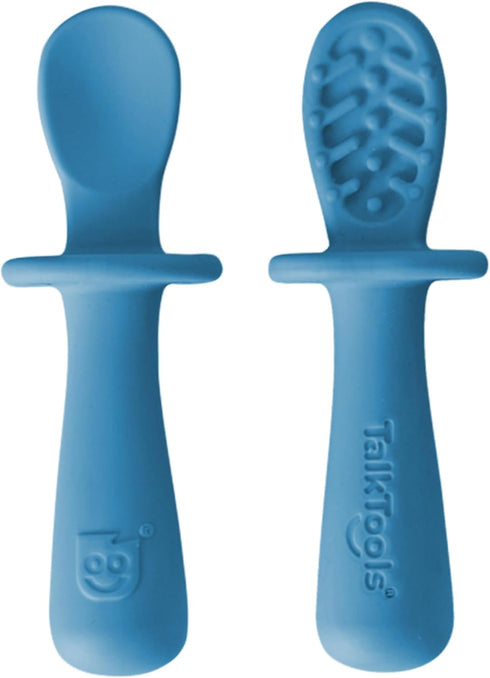 TalkTools ITSY Tiny Silicone Spoons – Twin Pack Soft Silicone Self-Feeding Training Spoons for Kids & Toddlers, Anti-Choking Flange Guard and Non-...