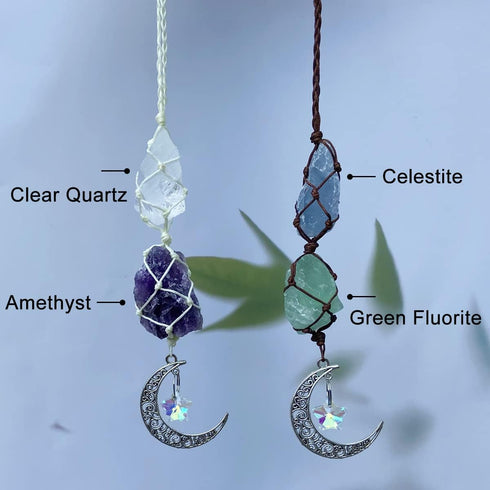Handmade Crystal Window Car Hanging Ornaments Rear View Mirror Car Decor Raw Stone Healing Crystals Moon and Star Decorative Car Accessories (Cele...