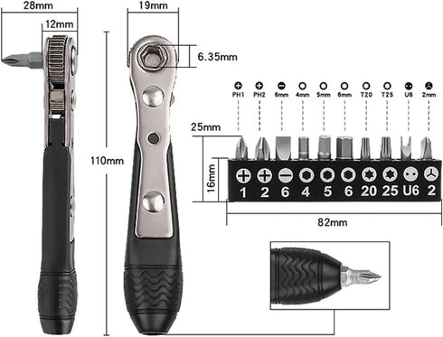 11pc 36-Tooth 1/4 inch Mini Ratchet Wrench Screwdriver Bit Set 90 Degree High Torque Mini Offset Reversible Drive Handle...