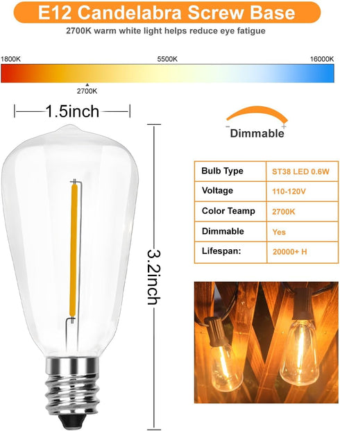 SUNSGNE 25Pack LED String Light Bulbs, ST38 Shatterproof Replacement Bulbs for Outdoor String Lights, 0.6Watt Equvanlent to 5Watt Incandescant Bul...