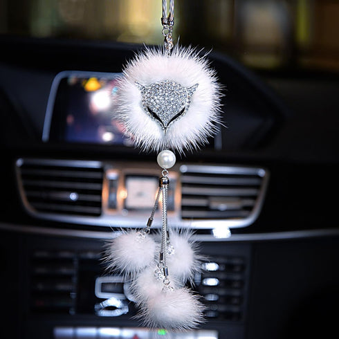 Car Decor Automotive Interior Rearview Mirrors Rearview Mirror Pendant Enchanting White Fox Diamond-Encrusted Plush Pendant Car Accessories Creati...