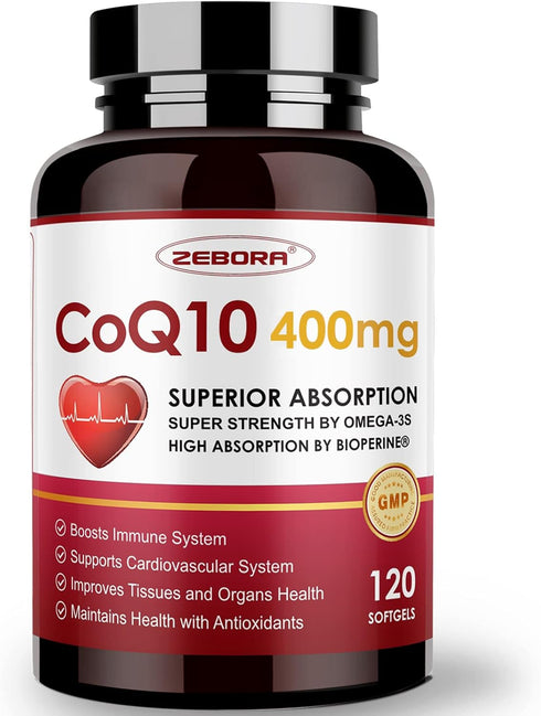CoQ10-400mg-Softgels with PQQ, BioPerine & Omega-3, Coenzyme Q10(Ubiquinone) Supplement for High-Absorption, Powerful-Antioxidant, Support Heart &...