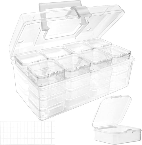 Craft Organizer Upgraded 32 Piece Small Bead Organizer and Storage Plastic Box, Mini Clear Bead Organizer, Clear and Stackable with Label Stickers...