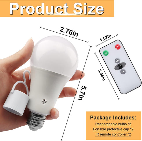 Texsens-Rechargeable-LED-Emergency-Light-Bulb, 7W 600LM 3000K E26 Battery Powered Lamp with Hooks & Remote Controller for Power Outage Camping Hur...