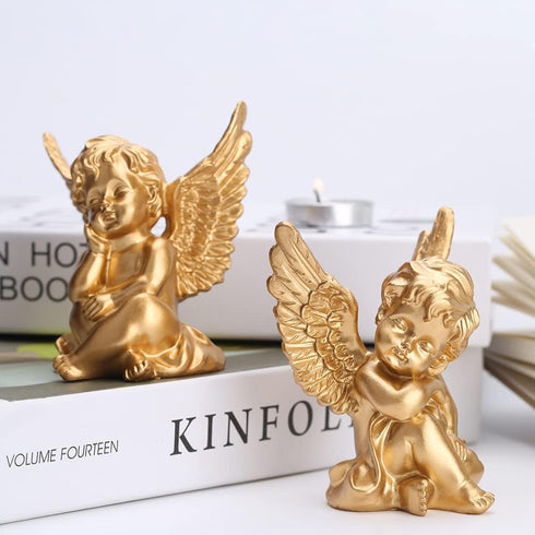 2 Pack Resin Cherubs Gold Angel Statue Figurine, Garden Sleeping Cherub Statue Sculpture Indoor Outdoor Home Decoration, Cute Adorable Angle Sculp...