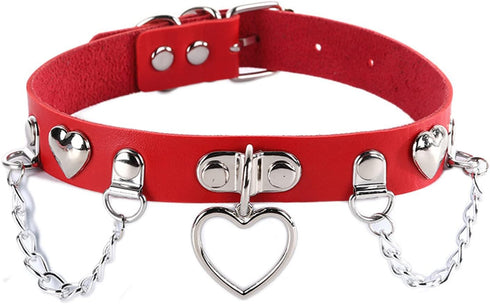 Red Leather Choker Collar with Chain Leash Set Adjustable Soft PU Heart Pendant Necklace for Women Ladies Pet Dogs Cats...