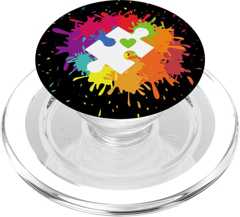 Autism Awareness Puzzle Piece Colorful Rainbow Splatter PopSockets MagSafe PopGrip for iPhone...