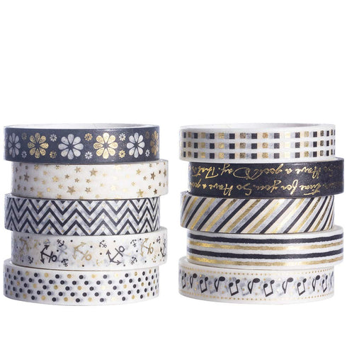 YUBBAEX 10 Rolls Sparkling Washi Tape Set 8mm Skinny Gold Foil Decorative Masking Washi Tapes for Journal,Scrapbook, Planner, DIY Crafts (Black & ...
