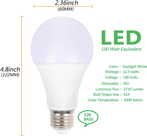 A19 LED Light Bulbs 100 Watt Equivalent LED Bulbs, 5000K Daylight White, No Flicker lights E26 Edison Medium Screw Base Bulbs, 1710Lumens, Non Dim...