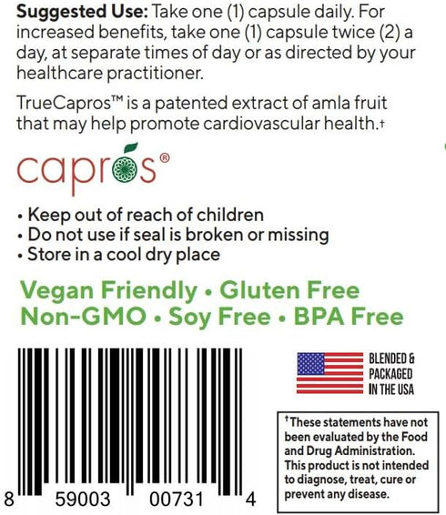 True-Capros Amla Fruit Extract Supplement Polyphenol Antioxidant Power Supports Cardiovascular Heart Health (30 Veggie Capsules) Non-GMO Vegan Fri...