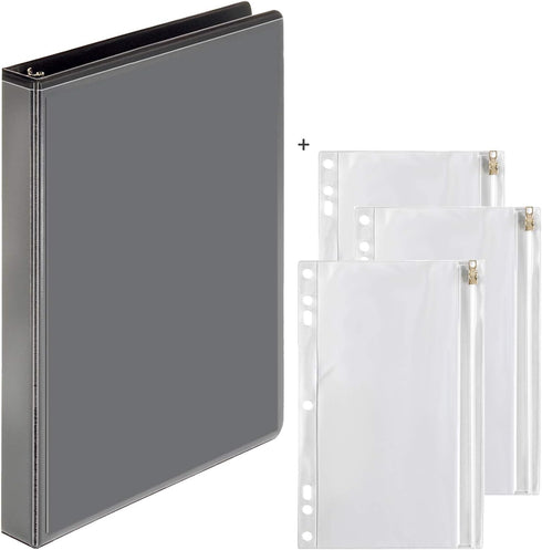 3 Ring Binder, 1 Inch, Round Rings, Hold Up to 175 Sheets with 3 Vinyl Ring Binder Pockets Pencil Pouches with Zip Closure - Value Set (Black)...