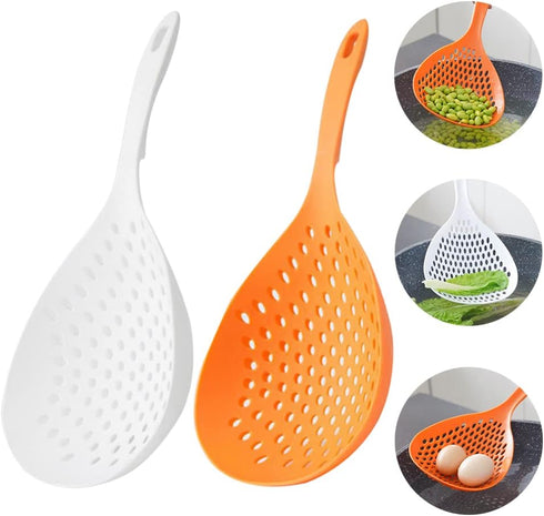 2 Pieces Strainer Scoop Colander Slotted Pasta Spoon Plastic Skimmer Spoon with Handle Food Drain Shovel for Kitchen Cooking, White and Orange 13....