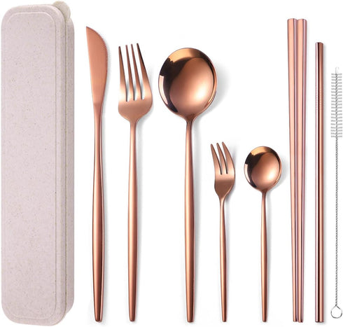 AARAINBOW 8 Pieces Stainless Steel Flatware Set Portable Reusable Cutlery Set Travel Utensils Set Including Chopsticks Knife Fork Spoon Straws Cle...