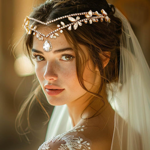 CLOACE Rhinestone Headband Gold Leave Pendant Headpiece Bride Wedding Crystal Hair Accessories for Women and Adult...
