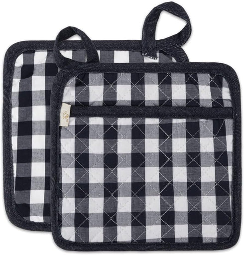 NEOVIVA Quilted Kitchen Pot Holder Set of 2 with Loop, 8”x8” Hot Pot Holders Heat Resistant with Pocket for Easy Grip, Checked Navy Blue...