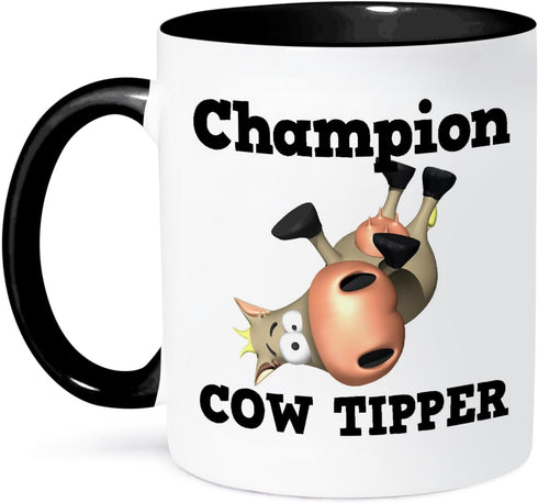 3dRose Funny Champion Cow Tipper Cowin Tipping Humor Two Tone Mug, 11 oz, Black/White...
