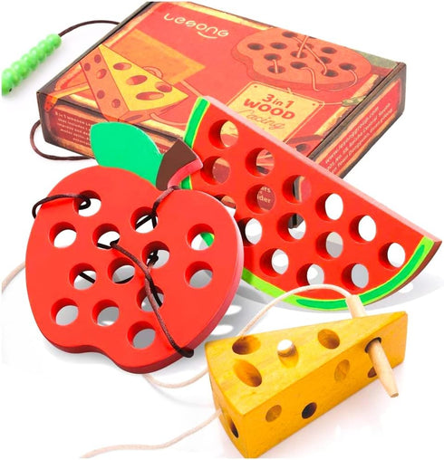 Lacing Toy for Toddlers, Fine Motor Skill Toys for 3 Year Old, Educational Learning Montessori Activity for Baby Kids, Car Plane Travel Games, Woo...