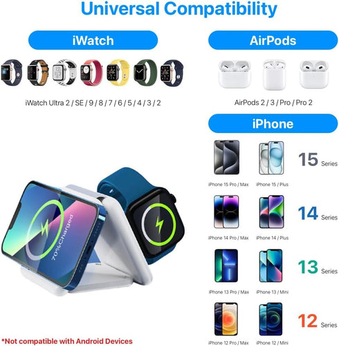Wireless Charging Station 3 in 1 Foldable Magnetic 15W Travel Multiple Devices Fast Charger for iPhone 15/14/13/12 Series, AirPods 3/2/Pro/Pro2, i...