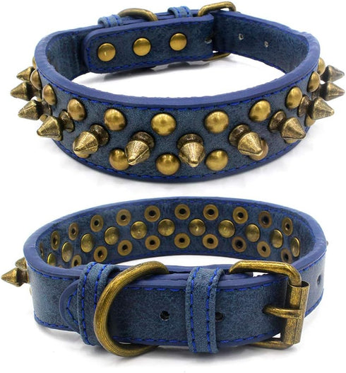 Spiked Studded Dog Collar, Adjustable Soft Leather Puppy Collar for Small Medium Dogs Bulldog Pitbull Mastiff Poodle Boxer (M, Blue)...