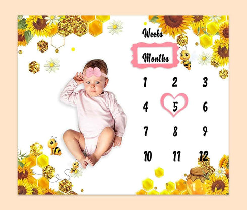 Baby Monthly Milestone Blanket| Sunflower Bee Honeycomb Golden Honey Pot | Newborns 1 to 12 Months Unisex Include 4 Frames and 1 Headband 48"x40" ...