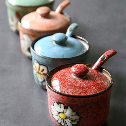 VanEnjoy Traditional China Retro Hand Painted Flower Ceramic Round Sugar Spice Containers Porcelain Jar with Spoon Round Condiment...
