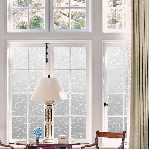LEMON CLOUD Window Privacy Film, No-Adhesive Static Decorative Window Film, Frosted Stained Glass Window Cling Vine Design (17.5 x 78.7 Inch, Whit...