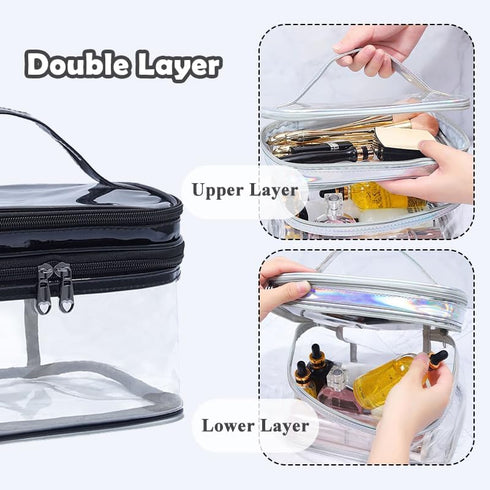 Clear Makeup Case, Transparent Double Layer Toiletry Bag, Waterproof PVC Travel Cosmetic Case for Skincare Products (Black)......