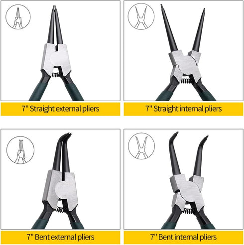 Snap Ring Pliers Set, 2pcs 7" Internal/External Circlip Pliers Kit with Bent Jaw, Heavy Duty Precision Spring Loaded Pliers for Ring Remover Retai...
