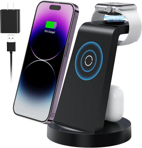 3 in 1 Charging Station for Apple Device, Wireless Charger for iPhone 15 14 13 12 11 Pro Max & Apple Watch iwacth - Charging Stand Dock for AirPod...