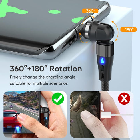 Magnetic Charging Cable, PD 60W USB C Cable Fast Charging, 7 pin 540° Rotation with Led Light, 480Mbps Data Transfer, 3 in 1 Cord for iPhone, Andr...