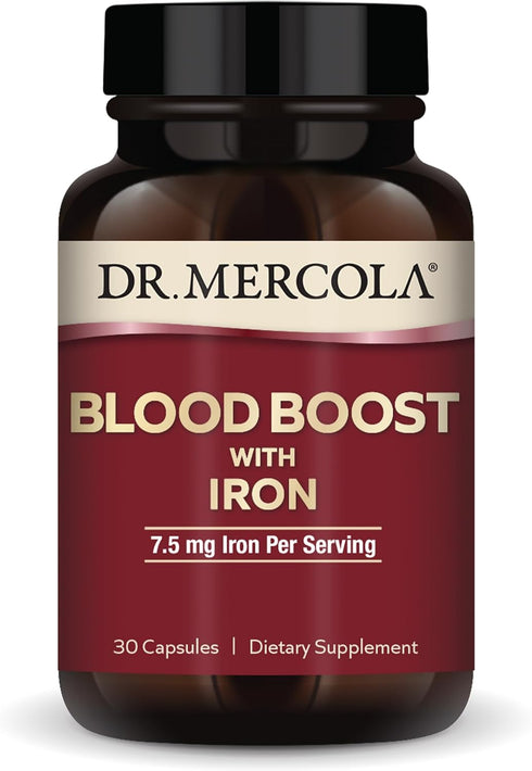 Dr. Mercola Blood Boost with Iron, 30 Servings (30 Capsules), 7.5 mg Iron Per Serving, Dietary Supplement, Supports Energy Production, Non-GMO...