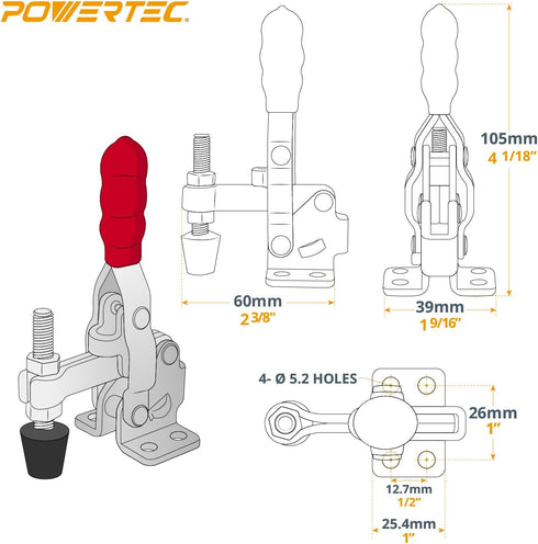 POWERTEC 1PK Toggle Clamp, 200 lbs Holding Capacity, 12050 Quick Release Vertical Clamps w/ Antislip Rubber Pressure Tip for Woodworking Jigs and ...