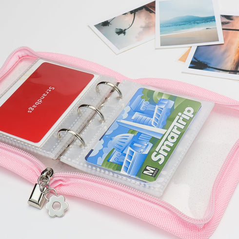 Mini Kpop Binder Business Card Holder Photocard Collector 3-Ring Pink Zipper Clear PVC Cover Photo Album with 25 Sheets 3 Inch Top Loading Card Pa...