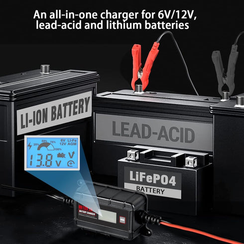 TN TONNY Automotive Use 12V 2A Battery Trickle Charger, 6V/12 Volt Lead Acid & 14.6V LiFePO4/12.6V Li-ion Battery Charger Maintainer, Smart Batter...