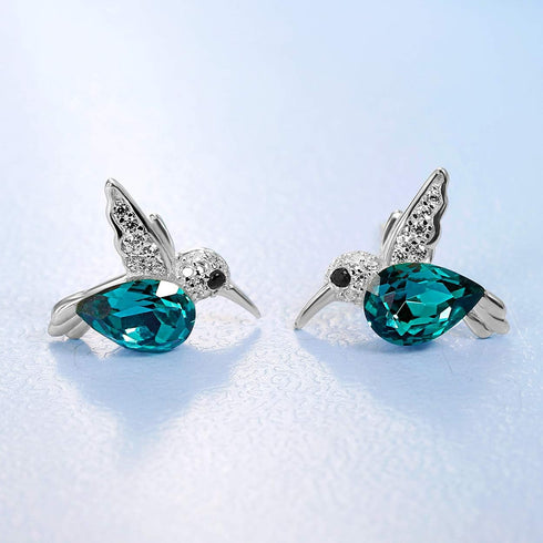 Jewever 925 Sterling Silver Hummingbird Ear Studs Blue Cubic Zirconia Earrings for Women Jewelry Gift Silvery...