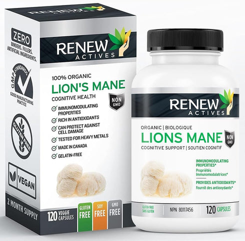 Renew Actives Organic Lions Mane Mushroom Supplement - 40% Polysaccharides, Immune Wellness & Rich in Antioxidant - 120 Capsules...
