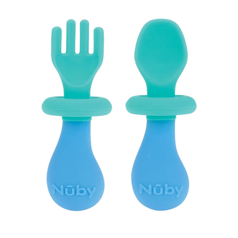 Nuby First Fork and Spoon Set - Utensils with Safety Guards for Babies 6+ Months - Green and Blue...