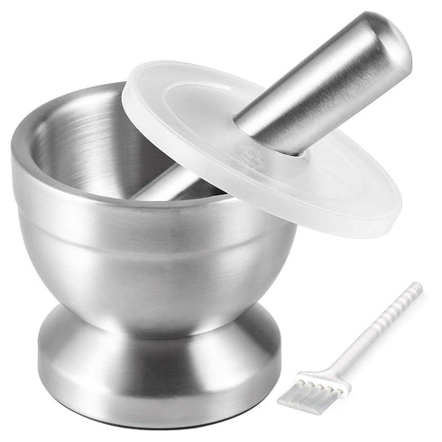Tera 18/8 Stainless Steel Mortar and Pestle with Brush,Pill Crusher,Spice Grinder,Herb Bowl,Pesto Powder...