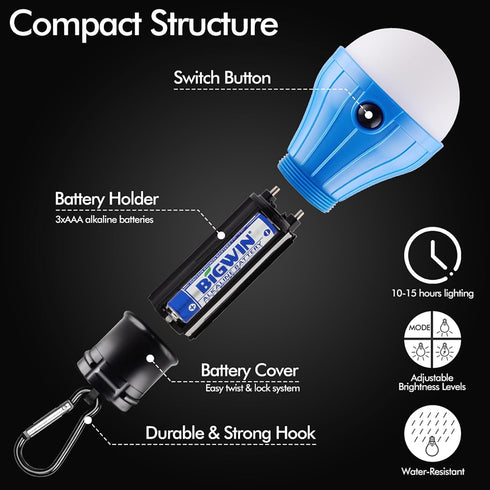 FLY2SKY Tent Lamp Portable LED Tent Lights Blue 4 Packs Hook Hurricane Emergency Lights LED Camping Lights Bulb Camping Tent Lanterns Camping Equi...