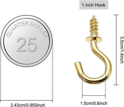 Mini Brass Plated Ceiling Screw Hooks, 50 Pcs (1 inch), Gold, Hanging Cup Hooks for Plants, Mugs, Decorations...