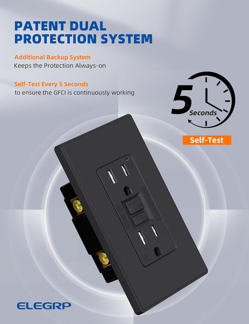 ELEGRP GFCI Outlet 15 Amp, Self-Test GFI Electrical Outlet with Thinner Design, TR Tamper Resistant GFCI Receptacle, Ground Fault Circuit Interrup...