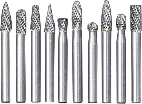 10pc Tungsten Carbide Burr Set 1/4" Shank Double Cut Rotary Cutting Burr Set Die Grinder Bits for Steel Metal Wood Woodworking Carving, Polishing,...