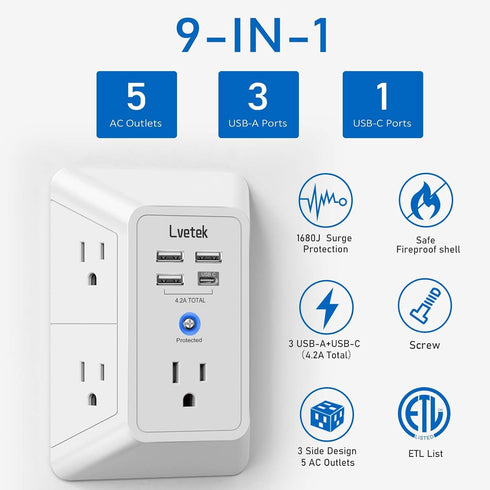 5-Outlet Surge Protector Wall Charger with 4 USB Ports - 1680J Multi Plug for Home, Office, Travel...