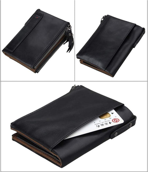 Men's Folding Double Zip Wallet RFID Blocks Retro Short Coin Purse...