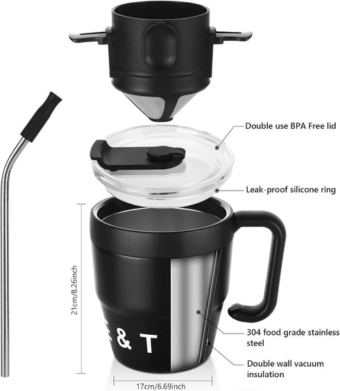 Bincoo 480ML Stainless Steel Coffee Mug with Straw-Pour Over Coffee Maker Set with Collapsible Coffee Dripper Thermal Coffee Mug for Home Office (...